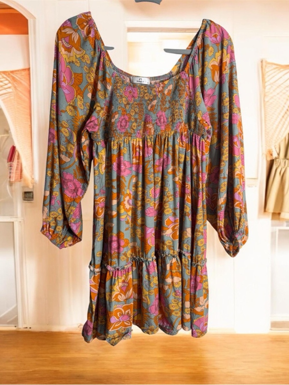 Habit Floral Boho Mini Dress Smocked Peasant Long Sleeve Pink Orange Size M - Picture 2 of 8